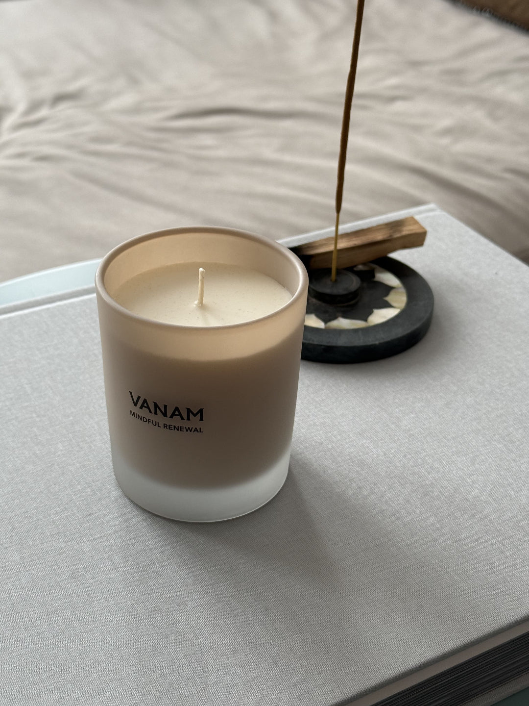 MINDFUL RENEWAL luxury beeswax candle lifestyle shot — VANAM